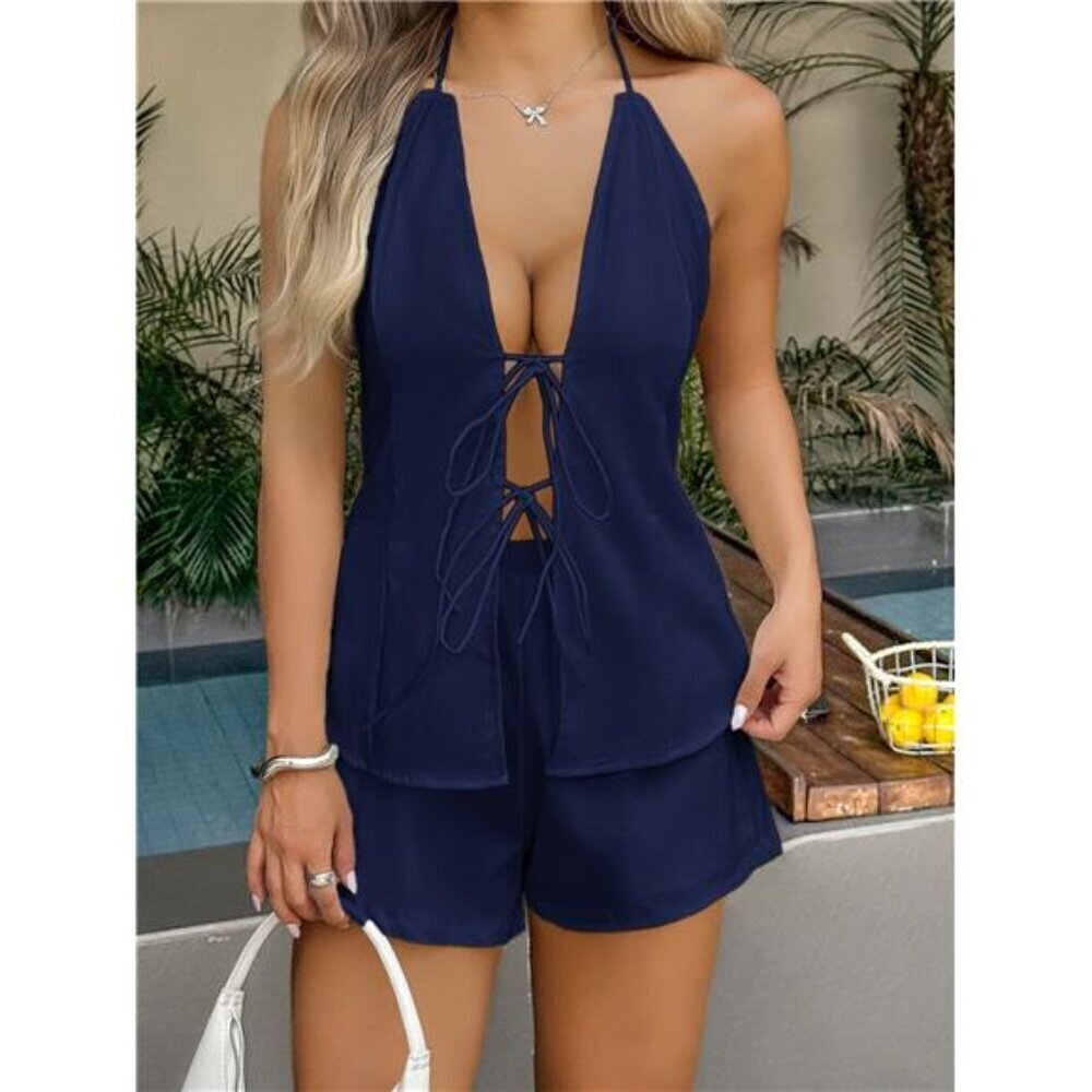 Tied Front Halter Neck Cami and Shorts Set